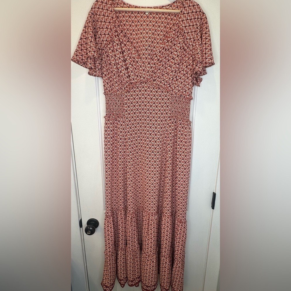 Max Studio Smocked Boho Maxi Dress Rust Geometric Floral XL